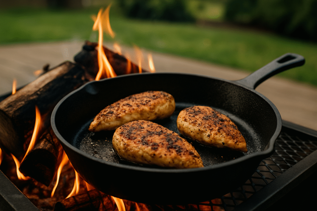 Cast iron skillet over campfire with seasoned chicken breasts cooking